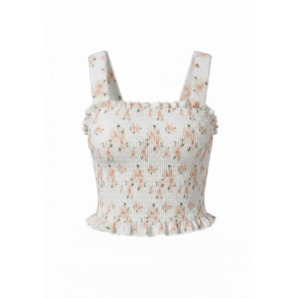 Thirty Thirty Smocked Floral Crop Top Womens Small White Pink Lace Trim Feminine